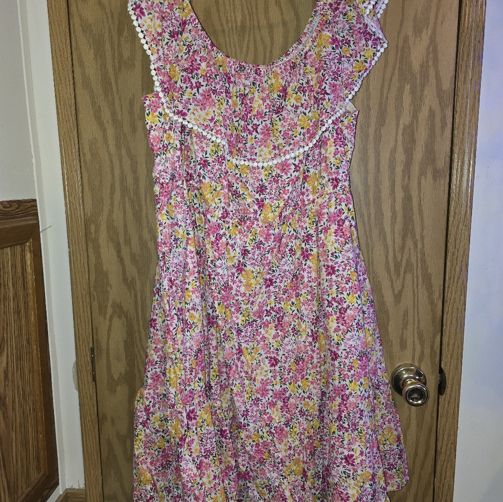 Terra & Sky Pink Yellow Ruffled Midi Sundress